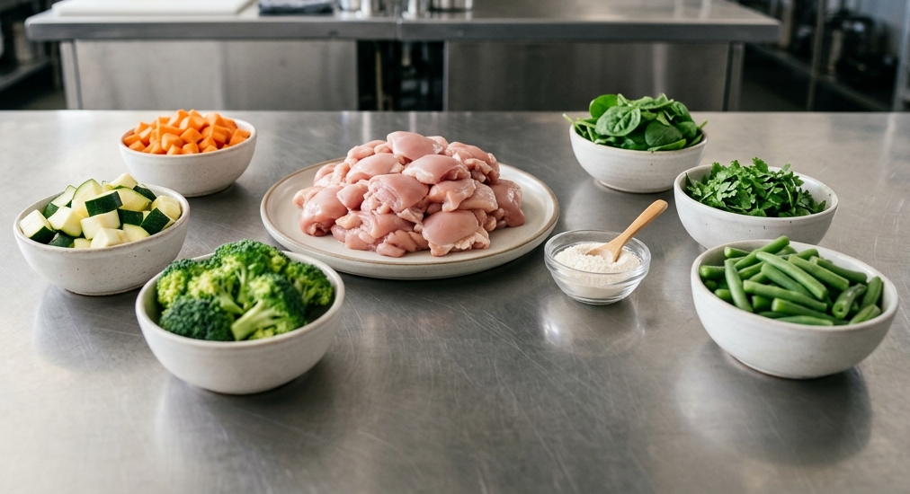 Pollo, calabacín, zanahoria, brócoli, espinaca, cilantro y ejote frescos, listos para cocinar NUTRICAN
